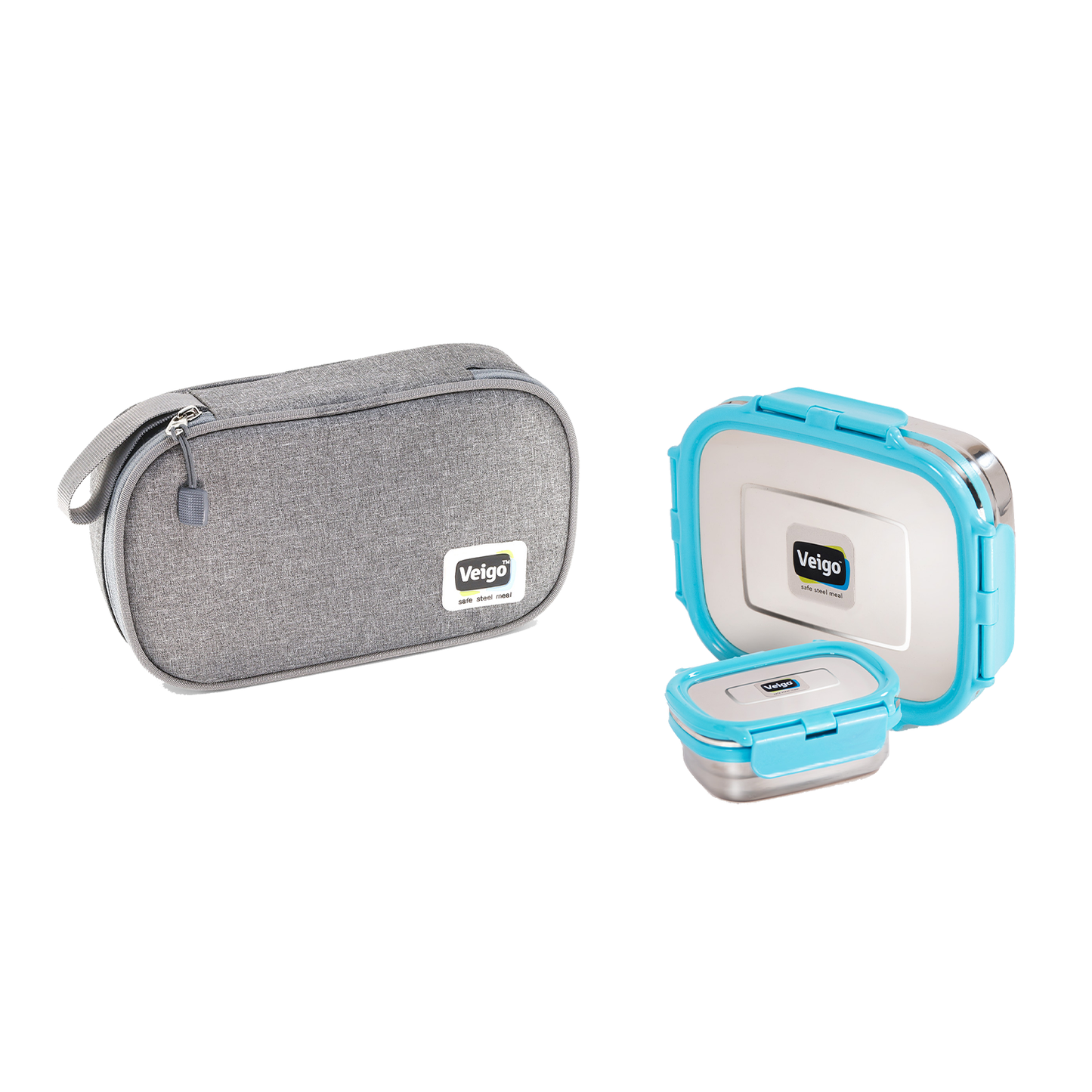 Veigo On The Go - Stainless Steel Large Lunch Box with Veg Box in a Flat Insulated Pouch