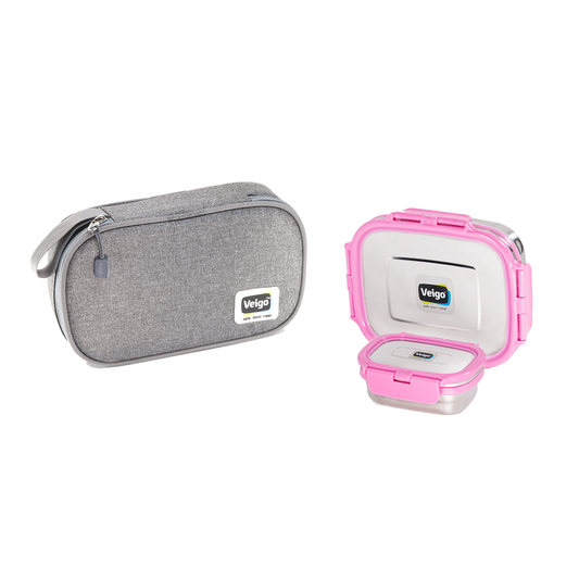 Veigo On The Go - Stainless Steel Large Lunch Box with Veg Box in a Flat Insulated Pouch