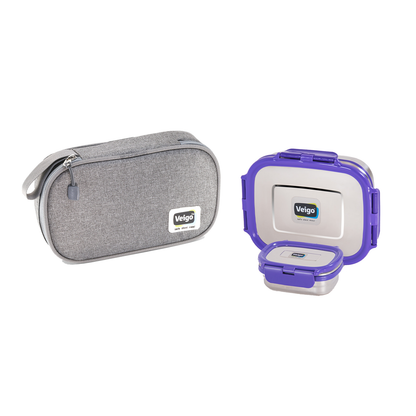 Veigo On The Go - Stainless Steel Large Lunch Box with Veg Box in a Flat Insulated Pouch