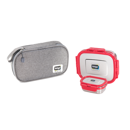 Veigo On The Go - Stainless Steel Large Lunch Box with Veg Box in a Flat Insulated Pouch
