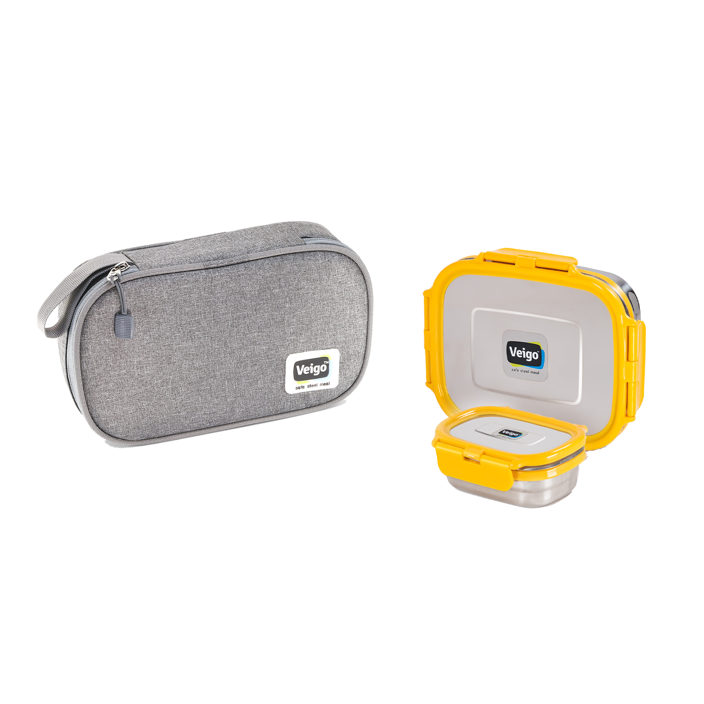 Veigo On The Go - Stainless Steel Large Lunch Box with Veg Box in a Flat Insulated Pouch