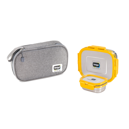 Veigo On The Go - Stainless Steel Large Lunch Box with Veg Box in a Flat Insulated Pouch