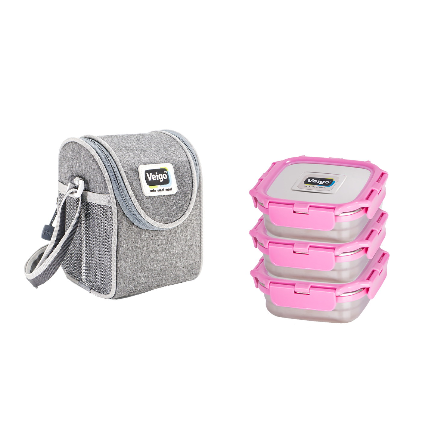 Veigo LunchBoss Combo- Tower of 3 Medium Stainless Steel Lunch Boxes in an Insulated Lunch Bag