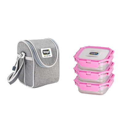 Veigo LunchBoss Combo- Tower of 3 Medium Stainless Steel Lunch Boxes in an Insulated Lunch Bag