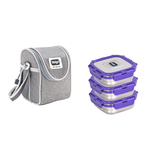 Veigo LunchBoss Combo- Tower of 3 Medium Stainless Steel Lunch Boxes in an Insulated Lunch Bag