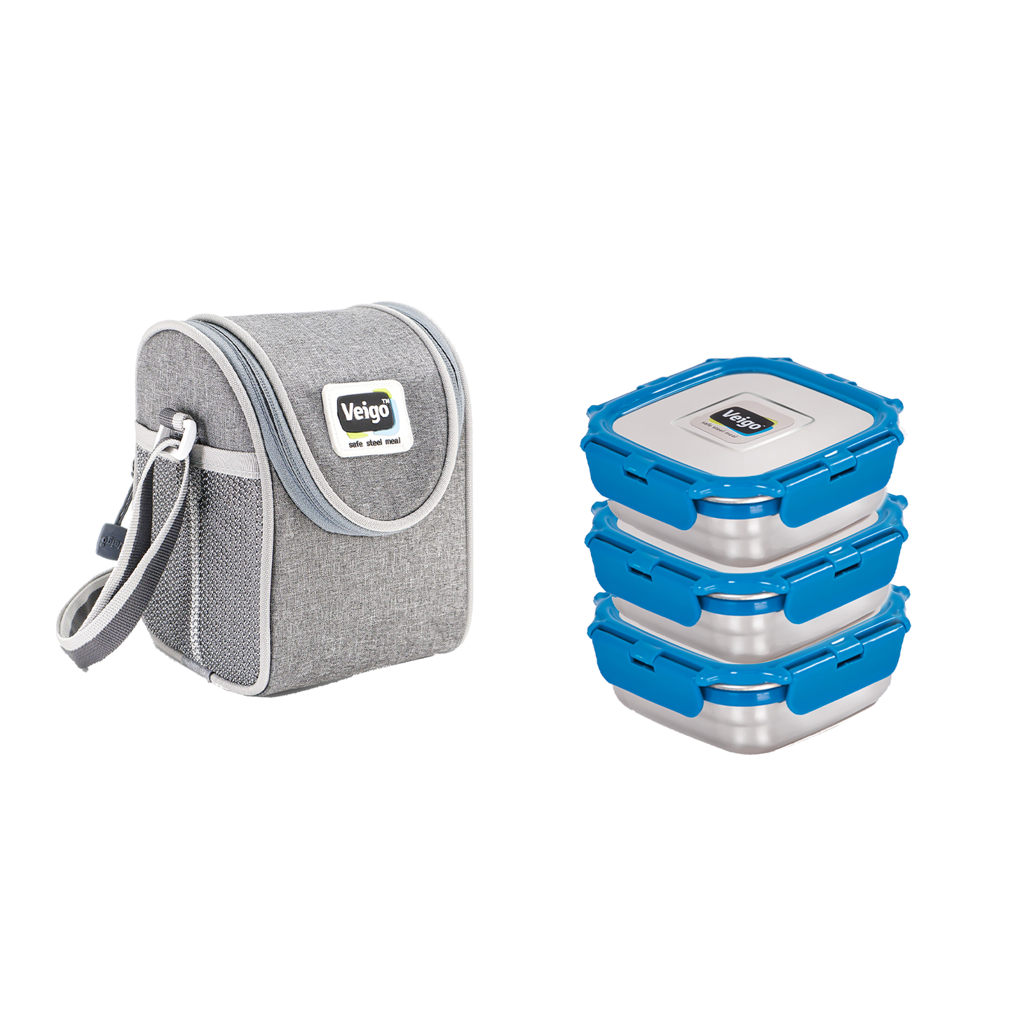 Veigo LunchBoss Combo- Tower of 3 Medium Stainless Steel Lunch Boxes in an Insulated Lunch Bag