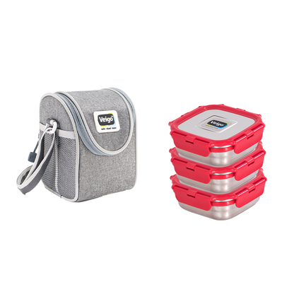 Veigo LunchBoss Combo- Tower of 3 Medium Stainless Steel Lunch Boxes in an Insulated Lunch Bag