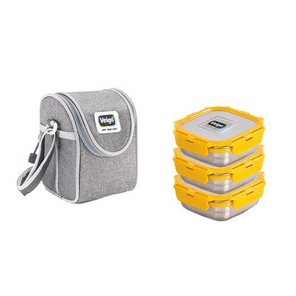 Veigo LunchBoss Combo- Tower of 3 Medium Stainless Steel Lunch Boxes in an Insulated Lunch Bag