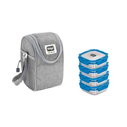 Veigo LunchBoss Combo- Tower of 4 Stainless Steel Medium Lunch Boxes in an Insulated Lunch Bag