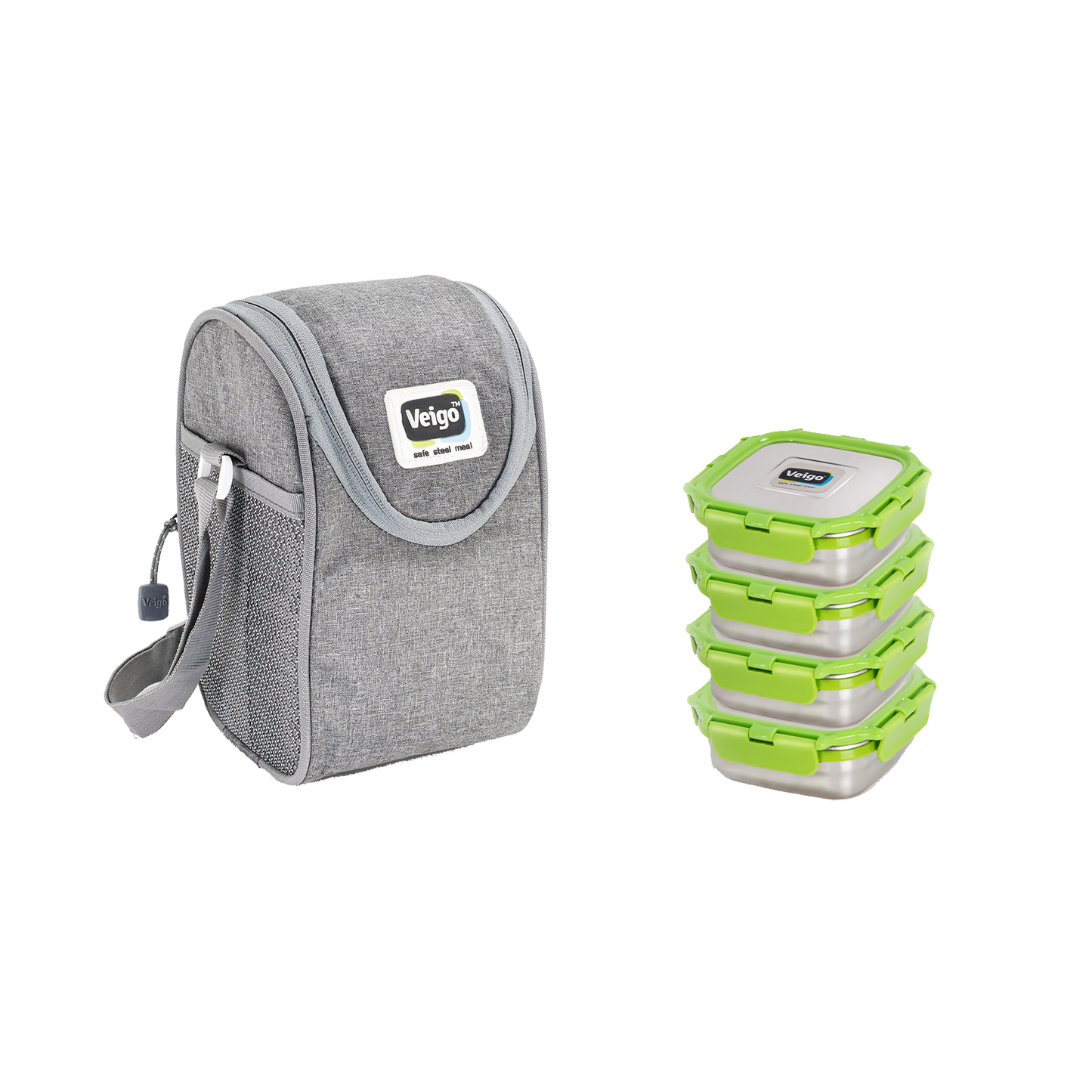 Veigo LunchBoss Combo- Tower of 4 Stainless Steel Medium Lunch Boxes in an Insulated Lunch Bag