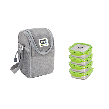 Veigo LunchBoss Combo- Tower of 4 Stainless Steel Medium Lunch Boxes in an Insulated Lunch Bag