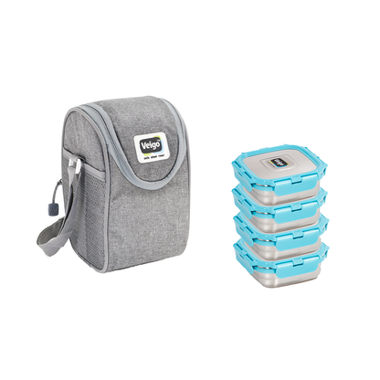 Veigo LunchBoss Combo- Tower of 4 Stainless Steel Medium Lunch Boxes in an Insulated Lunch Bag