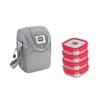 Veigo LunchBoss Combo- Tower of 4 Stainless Steel Medium Lunch Boxes in an Insulated Lunch Bag
