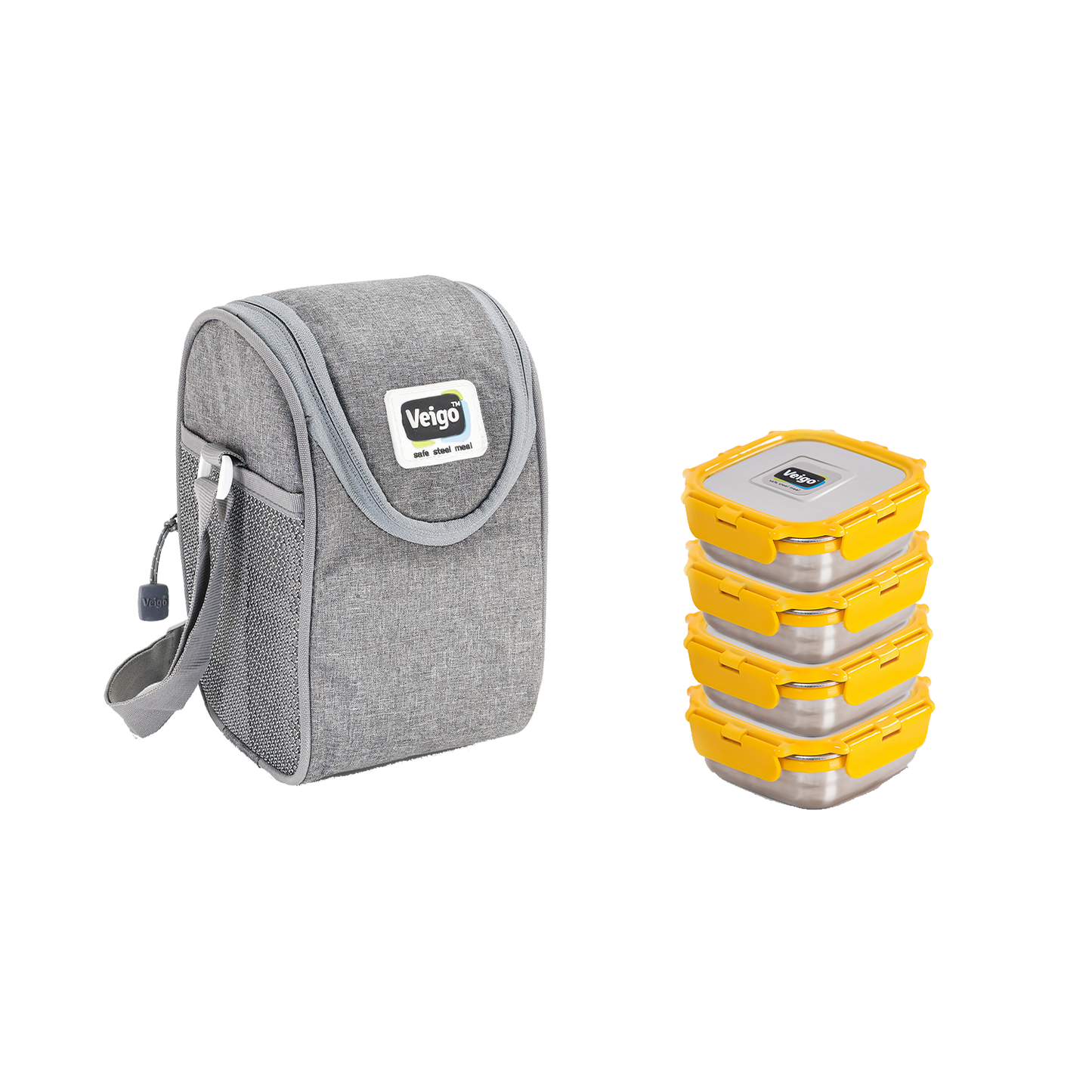 Veigo LunchBoss Combo- Tower of 4 Stainless Steel Medium Lunch Boxes in an Insulated Lunch Bag