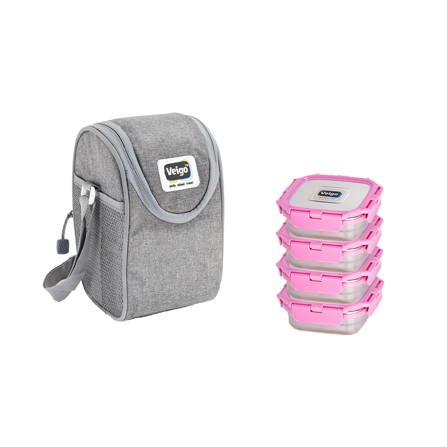 Veigo LunchBoss Combo- Tower of 4 Stainless Steel Medium Lunch Boxes in an Insulated Lunch Bag