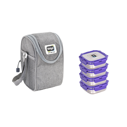 Veigo LunchBoss Combo- Tower of 4 Stainless Steel Medium Lunch Boxes in an Insulated Lunch Bag