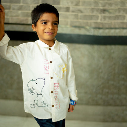 Easily Distracted Dog Embroidered Organic Cotton Shirt - White