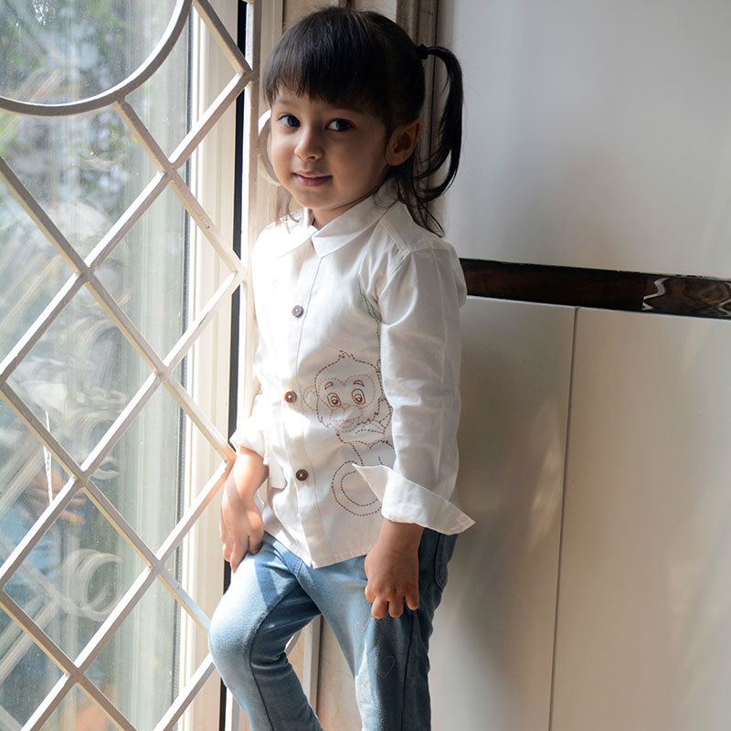 monkey embroidered white organic shirt kids