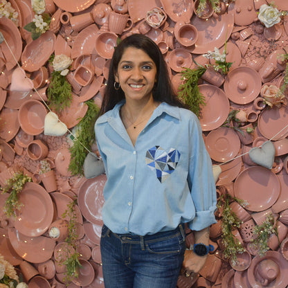 Geometric Heart Embroidered Denim Women Shirt