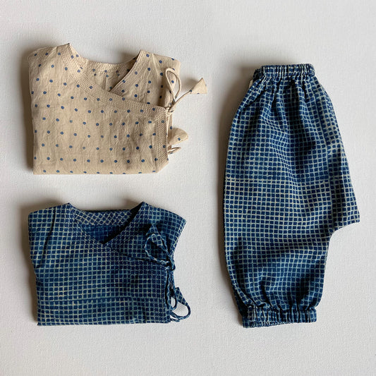 Organic Indigo Zoo Bag - Raidana And Check Angarakha + Pants