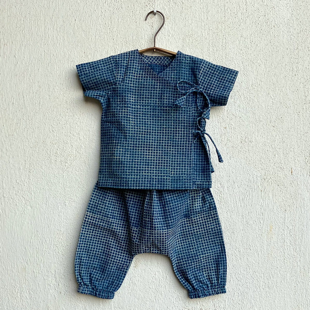 Organic Indigo Zoo Bag - Raidana And Check Angarakha + Pants