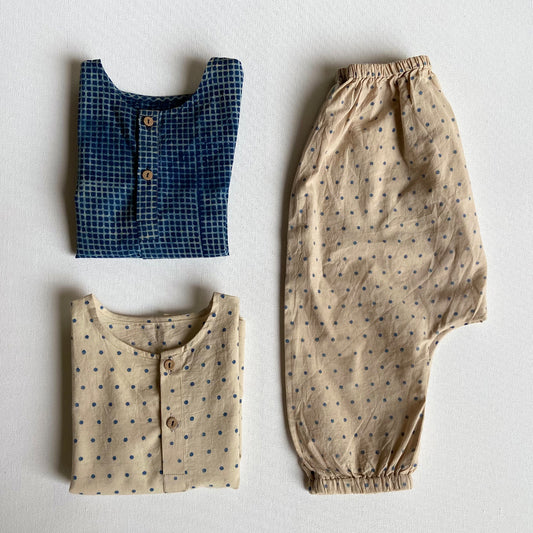 Organic Indigo Bag - Check Kurta + Raidana Kurta + Raidana Pants