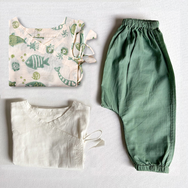 Organic Koi Bag - Koi Mint And White Angrakha + Mint Pants