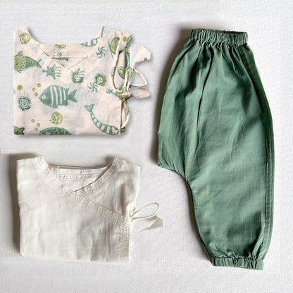 Organic Koi Bag - Koi Mint And White Angrakha + Mint Pants
