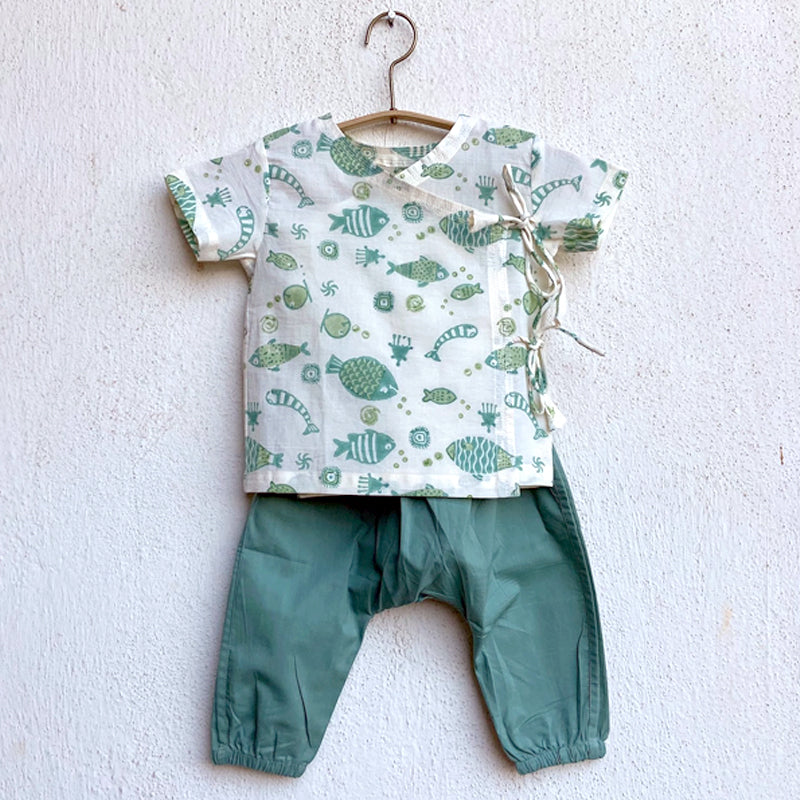 Organic Koi Bag - Koi Mint And White Angrakha + Mint Pants