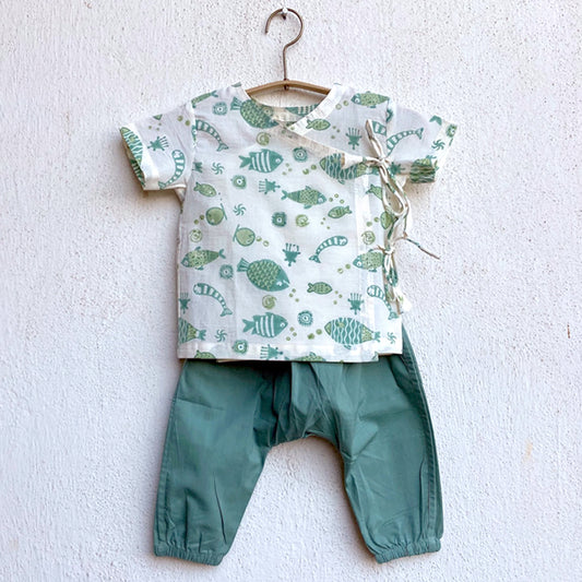Organic Fish Print Angarakha Top + Mint Pants