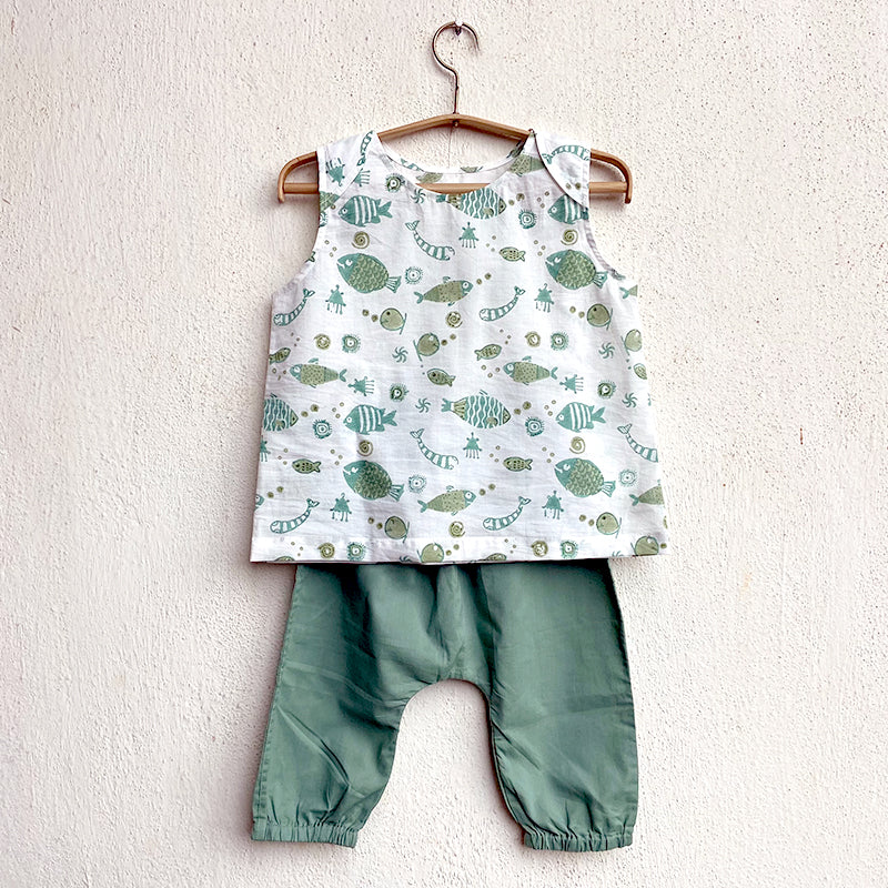 Organic Koi Jhabla With Mint Pants