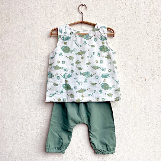 Organic Koi Jhabla With Mint Pants
