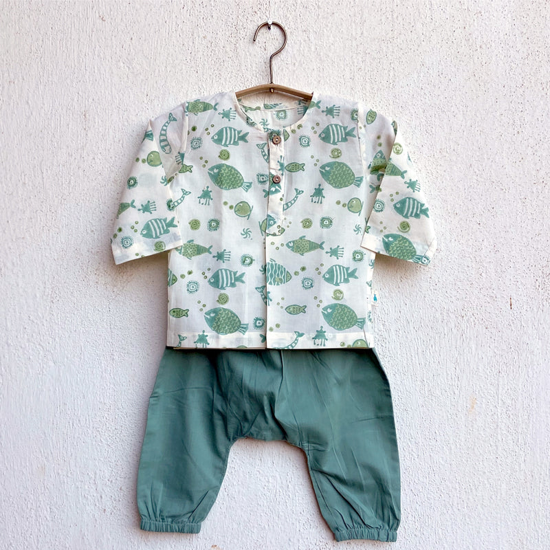 Organic Fish Print Kurta + Mint Pants