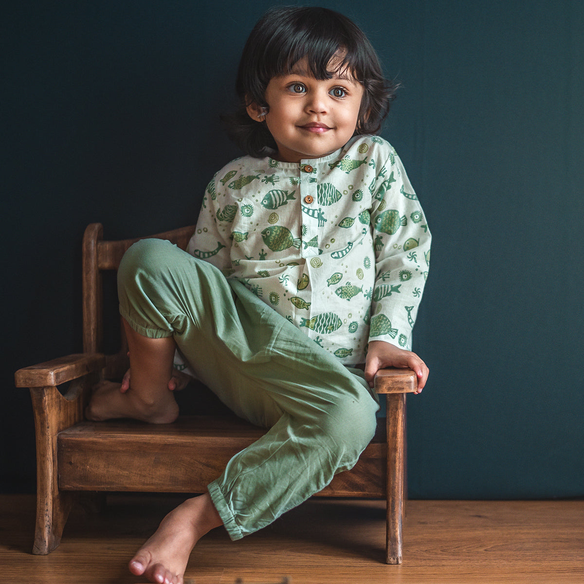 Organic Fish Print Kurta + Mint Pants