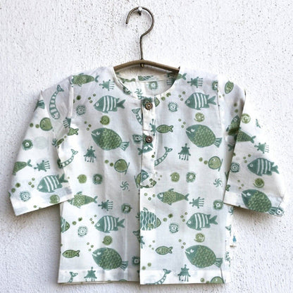 Organic Fish Print Kurta + Mint Pants