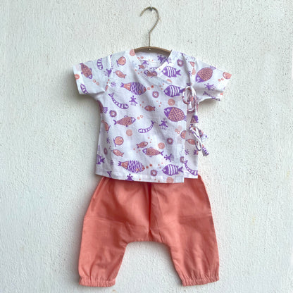 Organic Koi Peach Print Angrakha Top With Peach Pants