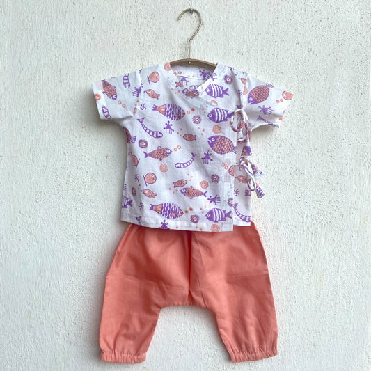 Organic Koi Peach Print Angrakha Top With Peach Pants