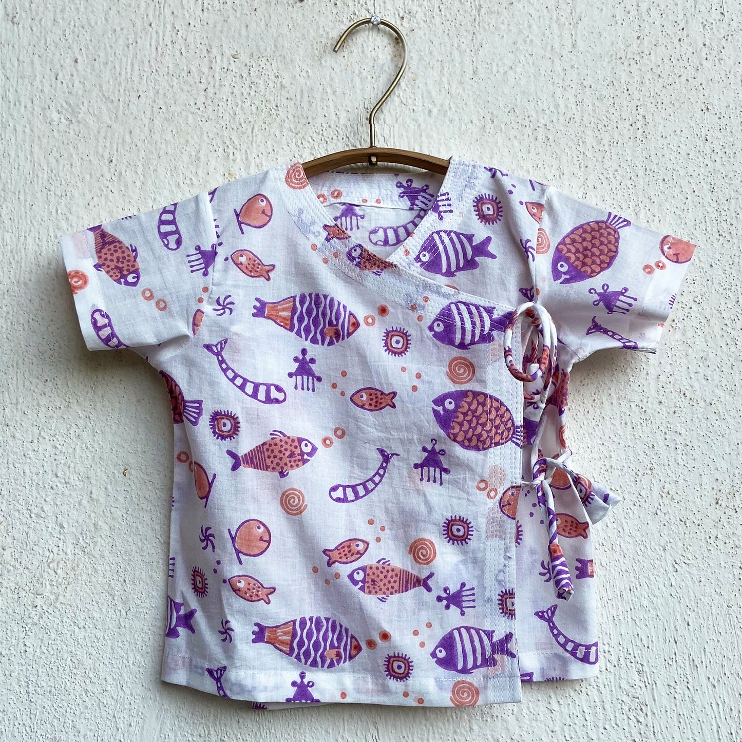 Organic Koi Peach Print Angrakha Top With Peach Pants