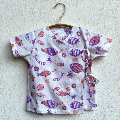 Organic Koi Peach Print Angrakha Top With Peach Pants