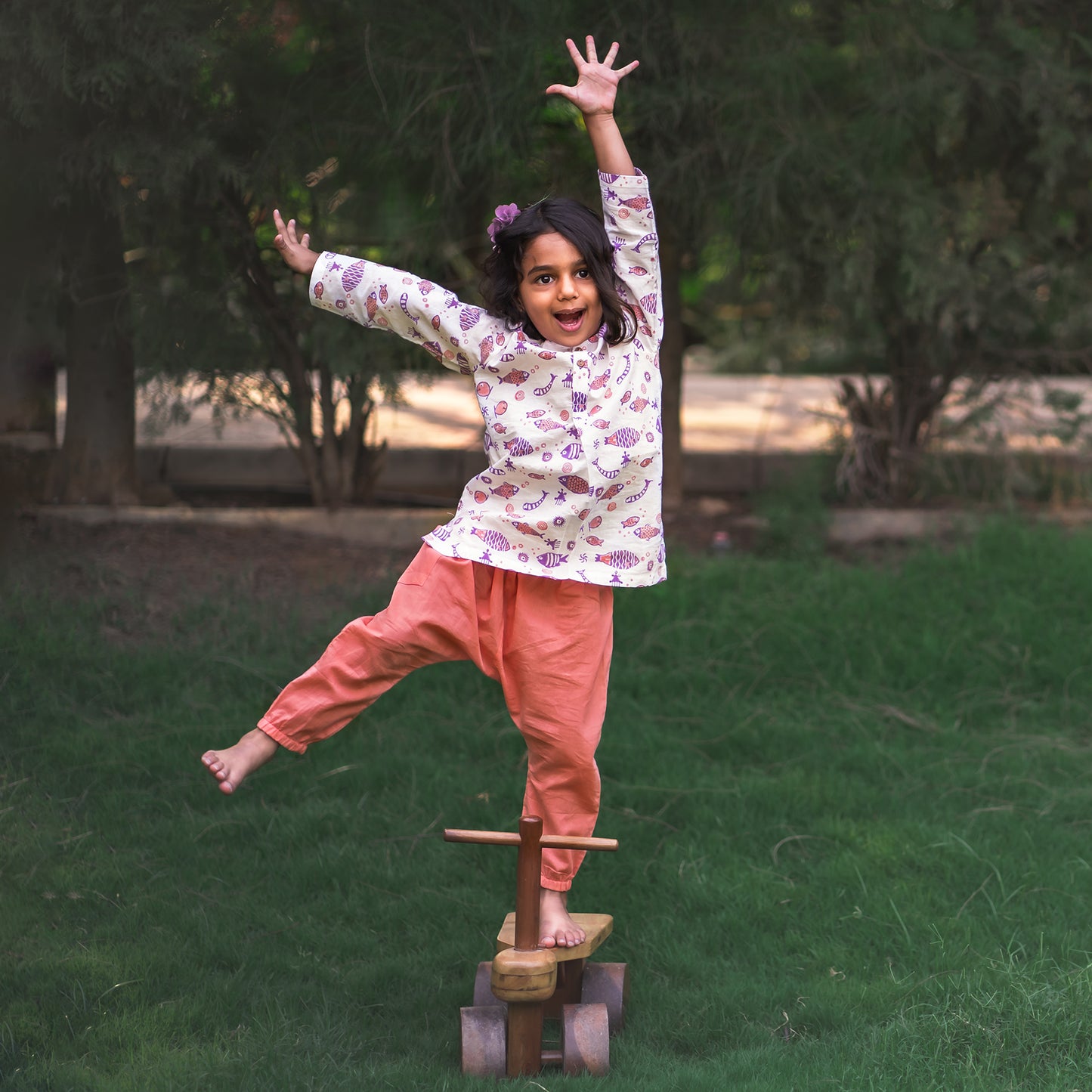 Organic Koi Peach Print Kurta + Peach Pants