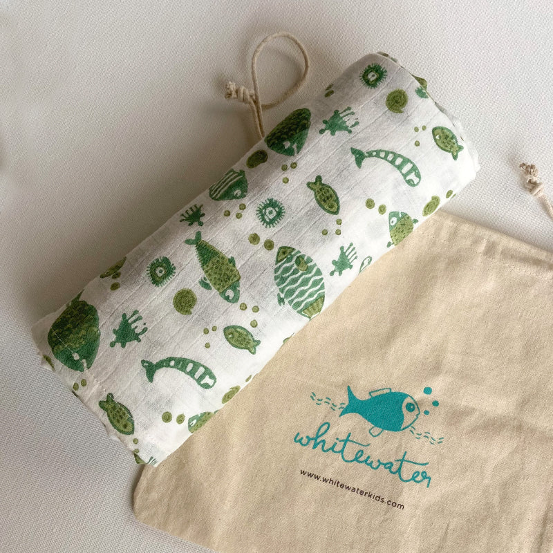 GIFT SET - ORGANIC FISH PRINT KAPOK PILLOW + SWADDLE