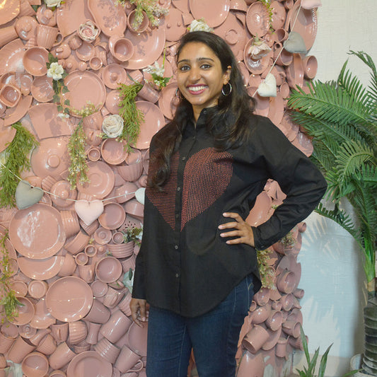 Lined Heart Embroidered Womens Shirt - White/Black