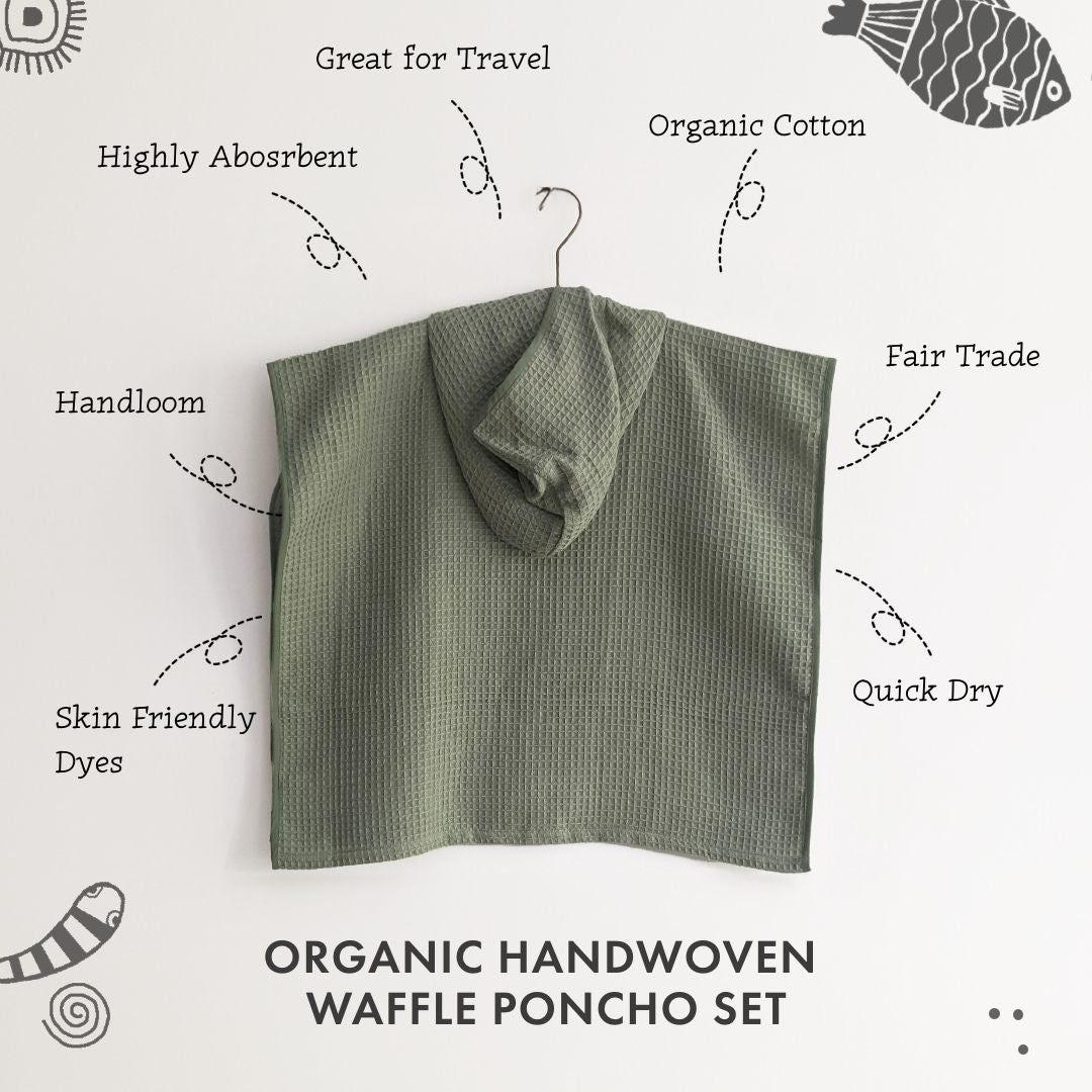 ORGANIC WAFFLE HOODED PONCHO TOWEL SET - MINT