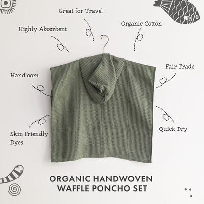 ORGANIC WAFFLE HOODED PONCHO TOWEL SET - MINT