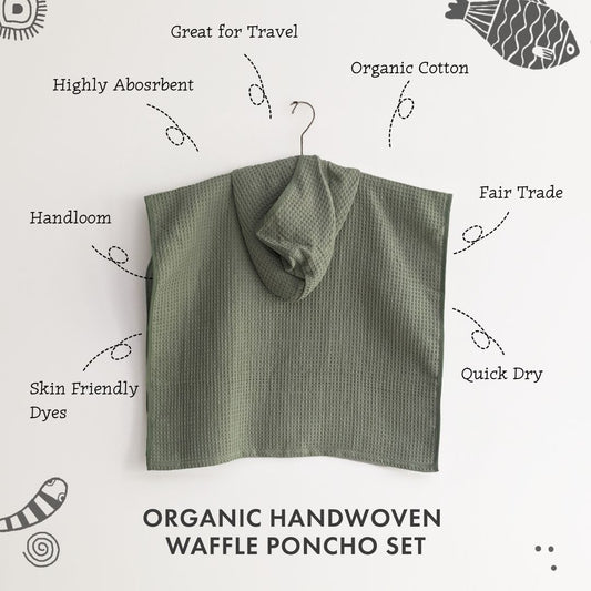 ORGANIC WAFFLE HOODED PONCHO TOWEL SET - MINT
