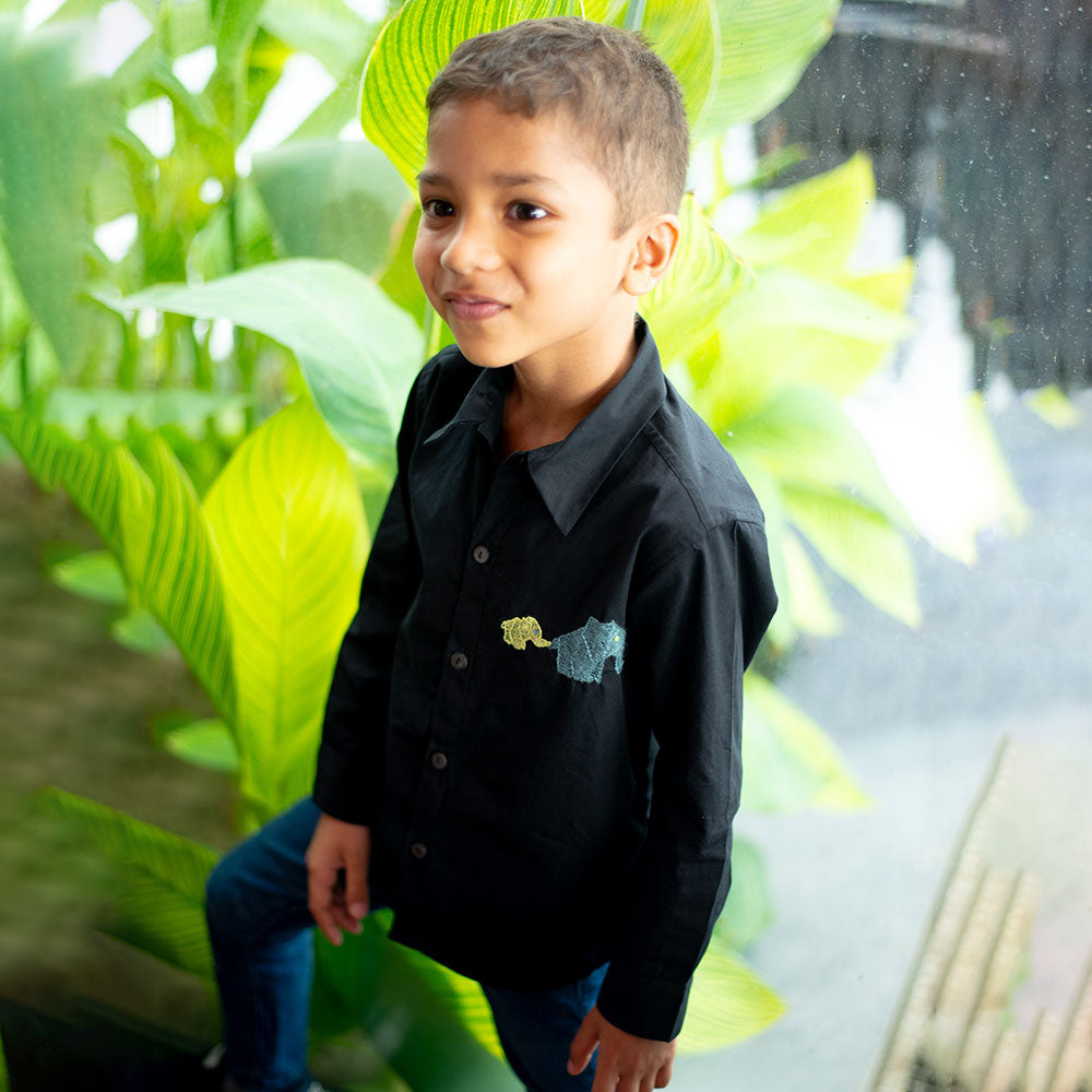Mini Elephants Embroidered Organic Cotton Shirt - Black