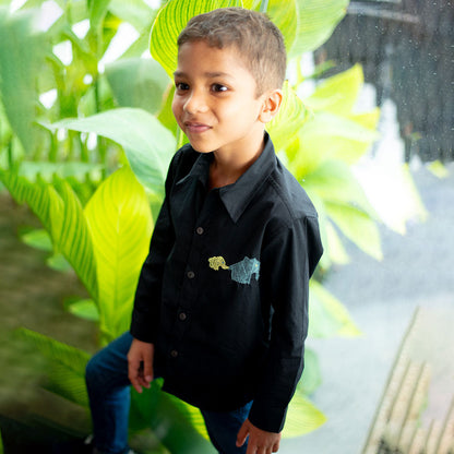 Mini Elephants Embroidered Organic Cotton Shirt - Black