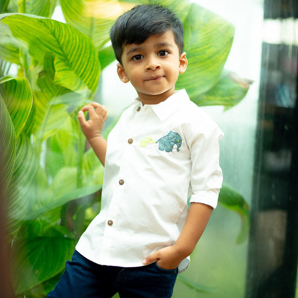 Mini Elephants Embroidered Organic Cotton Shirt - White