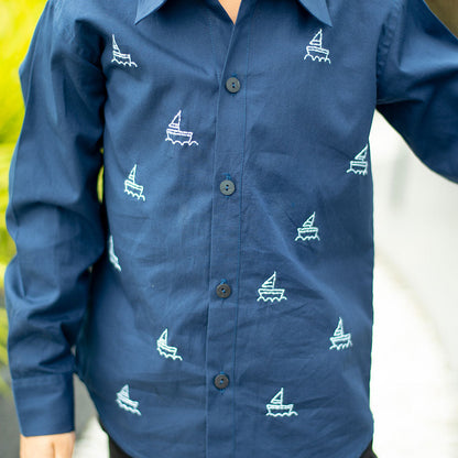 Mini Sail Boats Embroidered Organic Cotton Shirt - Navy