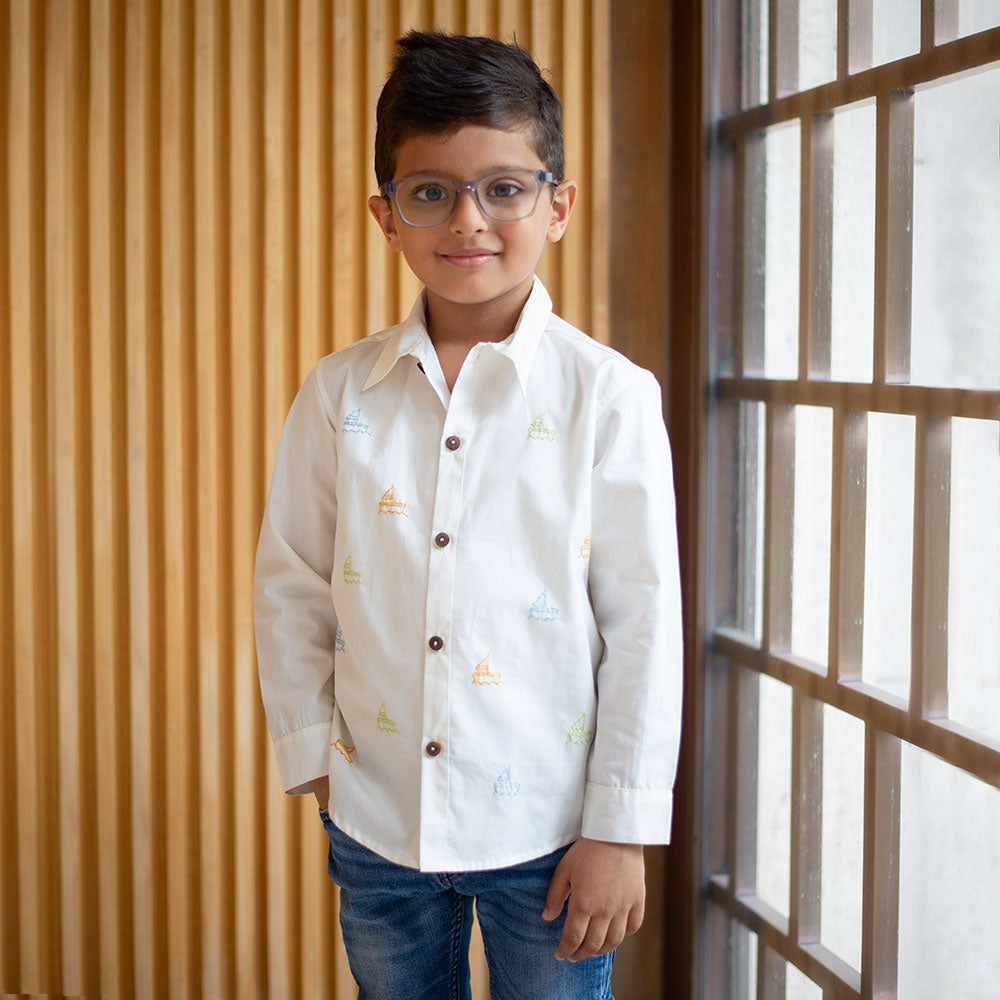 Mini Sail Boats Embroidered Organic Cotton Shirt - White